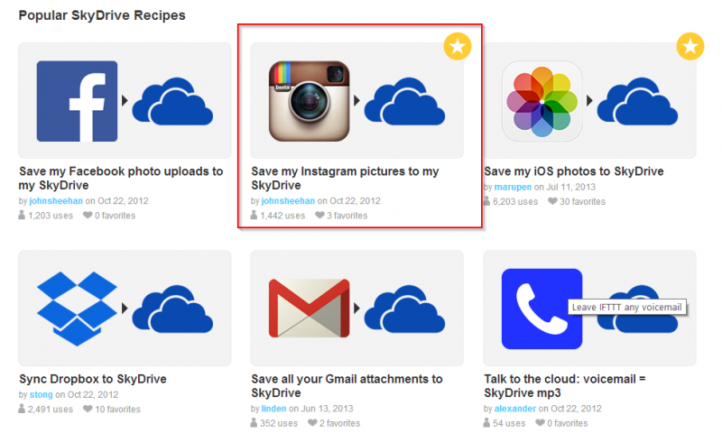 popular shared recipe of instagram and skydrive integration